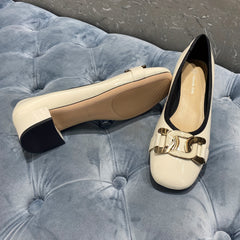 Metallic Chain Decor Slip On Square Toe Chunky Heel Dress Shoes