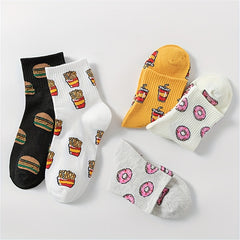 5 Pairs Cartoon Food Print Socks & Funny Mid Tube Socks Women's Stockings