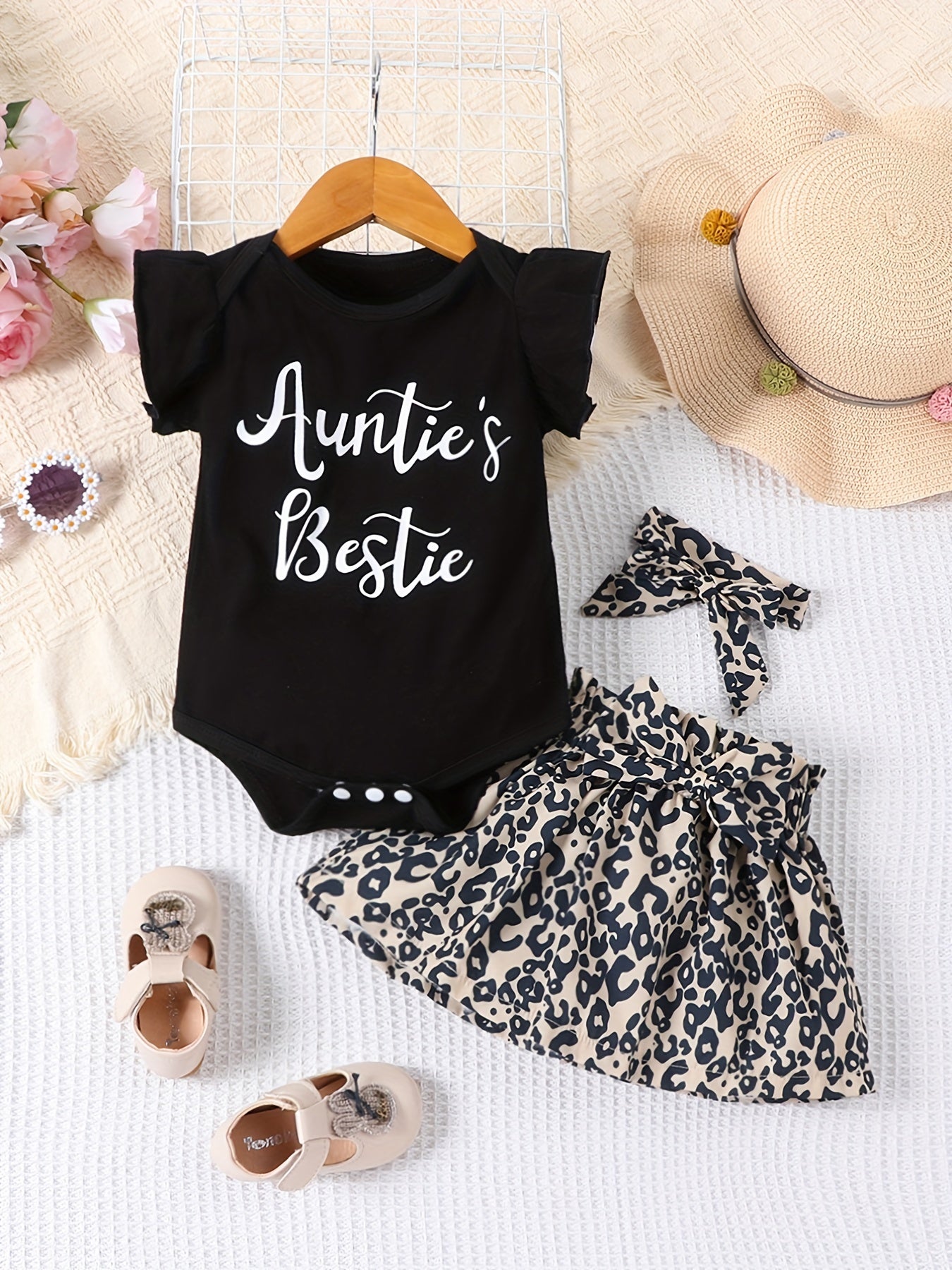 Leopard Print Romper Skirt & Headband Set for Baby Girls