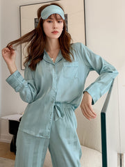 Satin Striped Pajamas Set Button Up Blouse & Pants