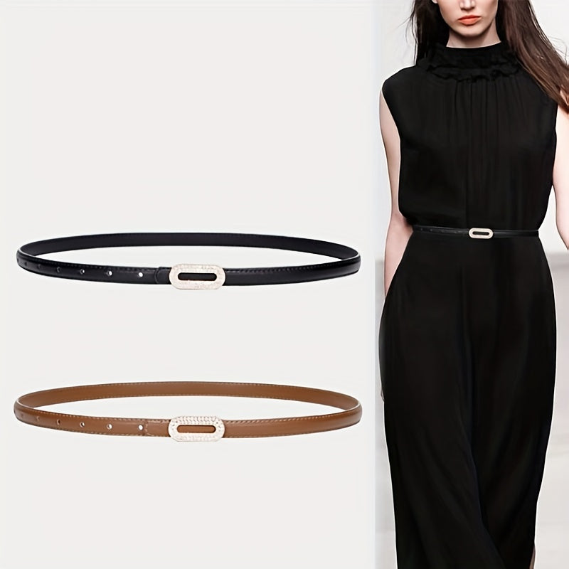 Vintage Thin Leather Belt with Rhinestone Inlaid Long Buckle