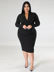 Solid Long Sleeve V Neck Midi Slim Fit Dress
