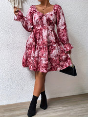 Floral Print Lantern Sleeve Sweetheart Neck Mini Smock Dress