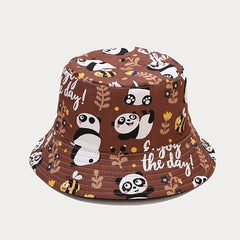 Cartoon Panda Print Bucket Hat Lightweight Sunscreen Cap for Women