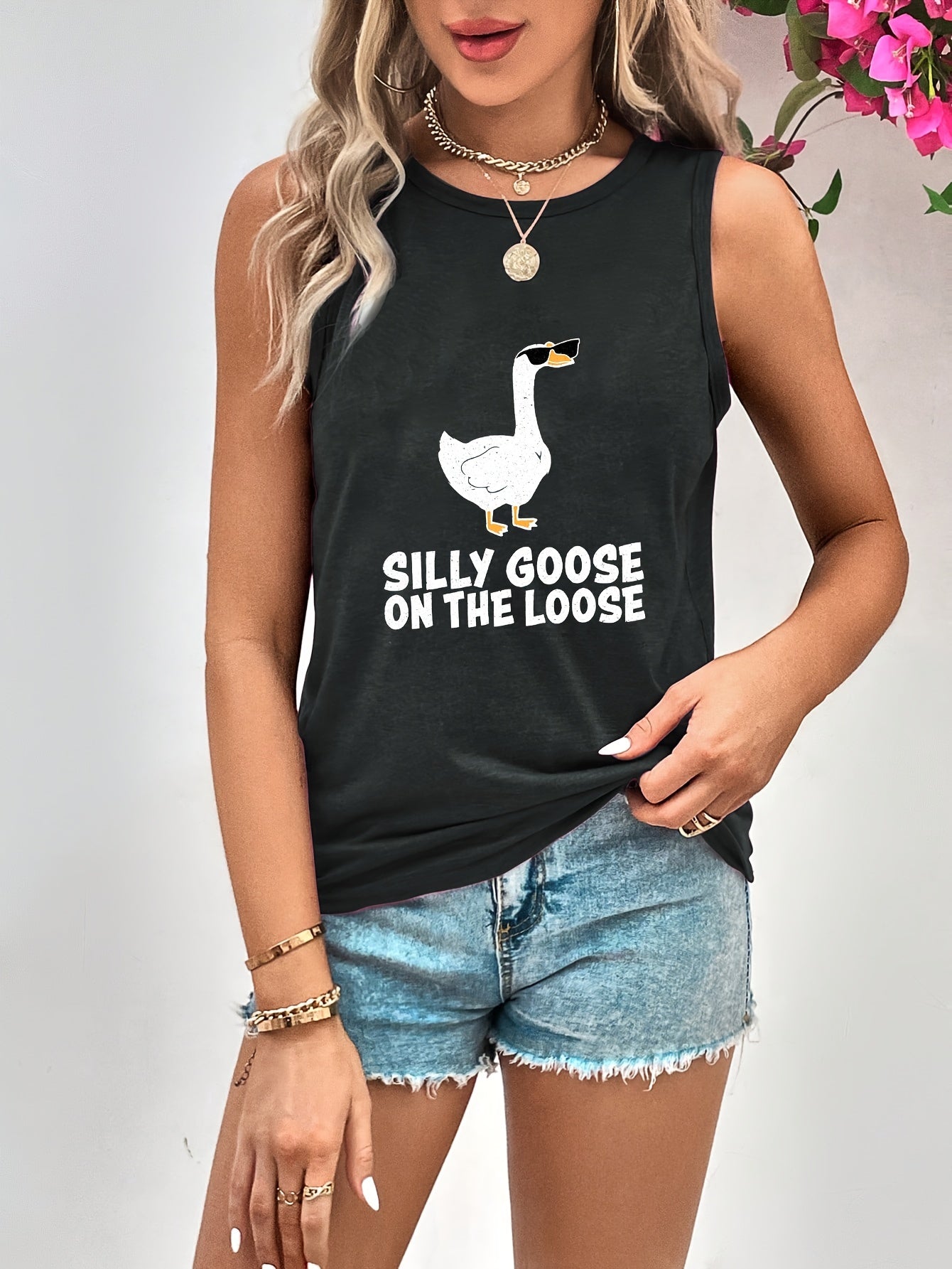 Goose Print Tank Top Sleeveless Crew Neck Women's Clothing