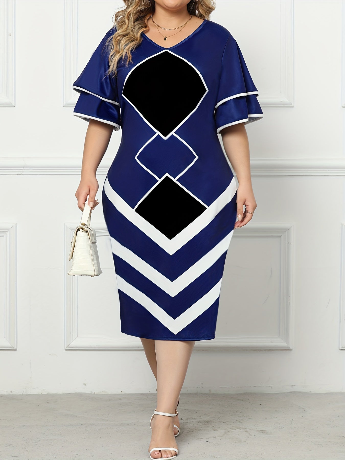 Colorblock Geometric Midi Dress V Neck Slim Fit