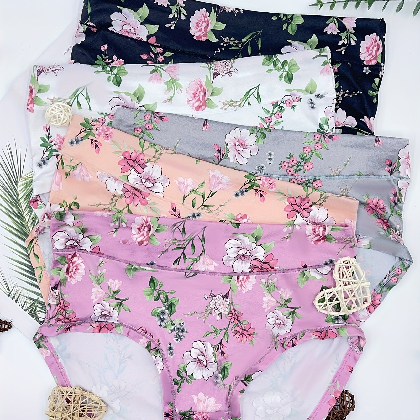 5 Pcs Women's Floral Print Bikini Panties Breathable Plus Size Lingerie