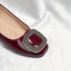 Women's Rhinestone Buckle Flats Square Toe Slip On Shoes