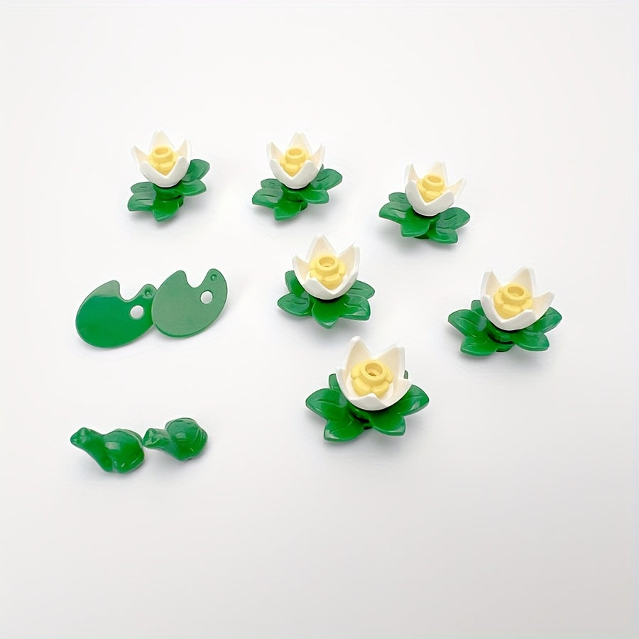DIY MOC Pond Building Blocks Set with Lotus Water Plants Frog Squirrel Mushroom
