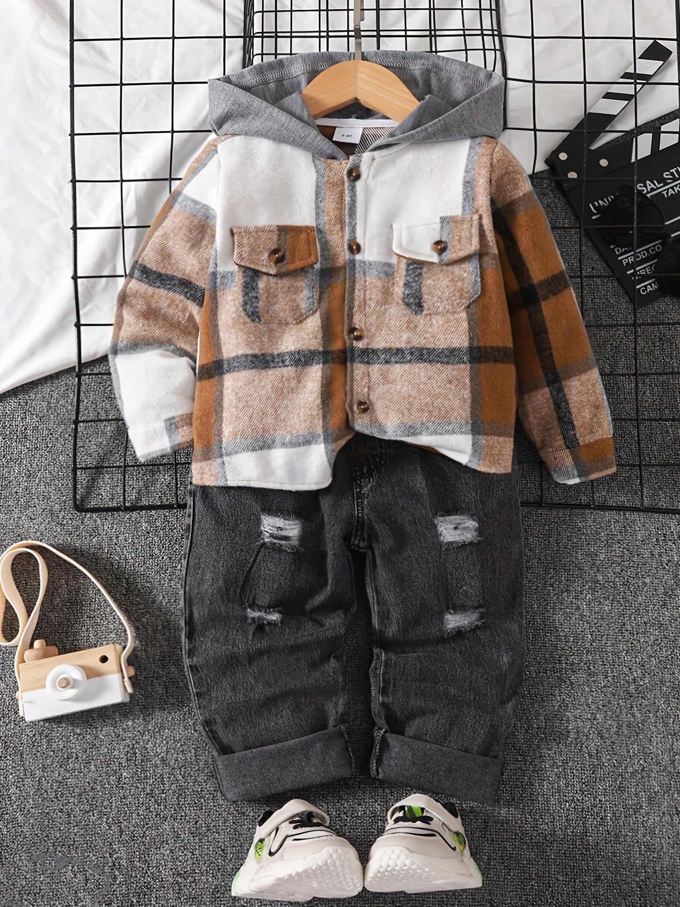 Boys Hooded Button Down Top & Ripped Jeans Set