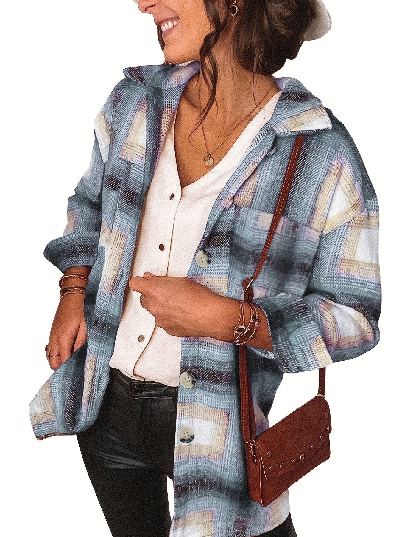 Plaid Patched Pocket Jacket Long Sleeve Spring Fall Women's Clothing