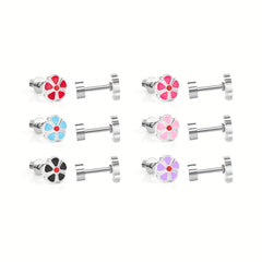 6pairs Flower Drip Screw Stud Earrings for Girls