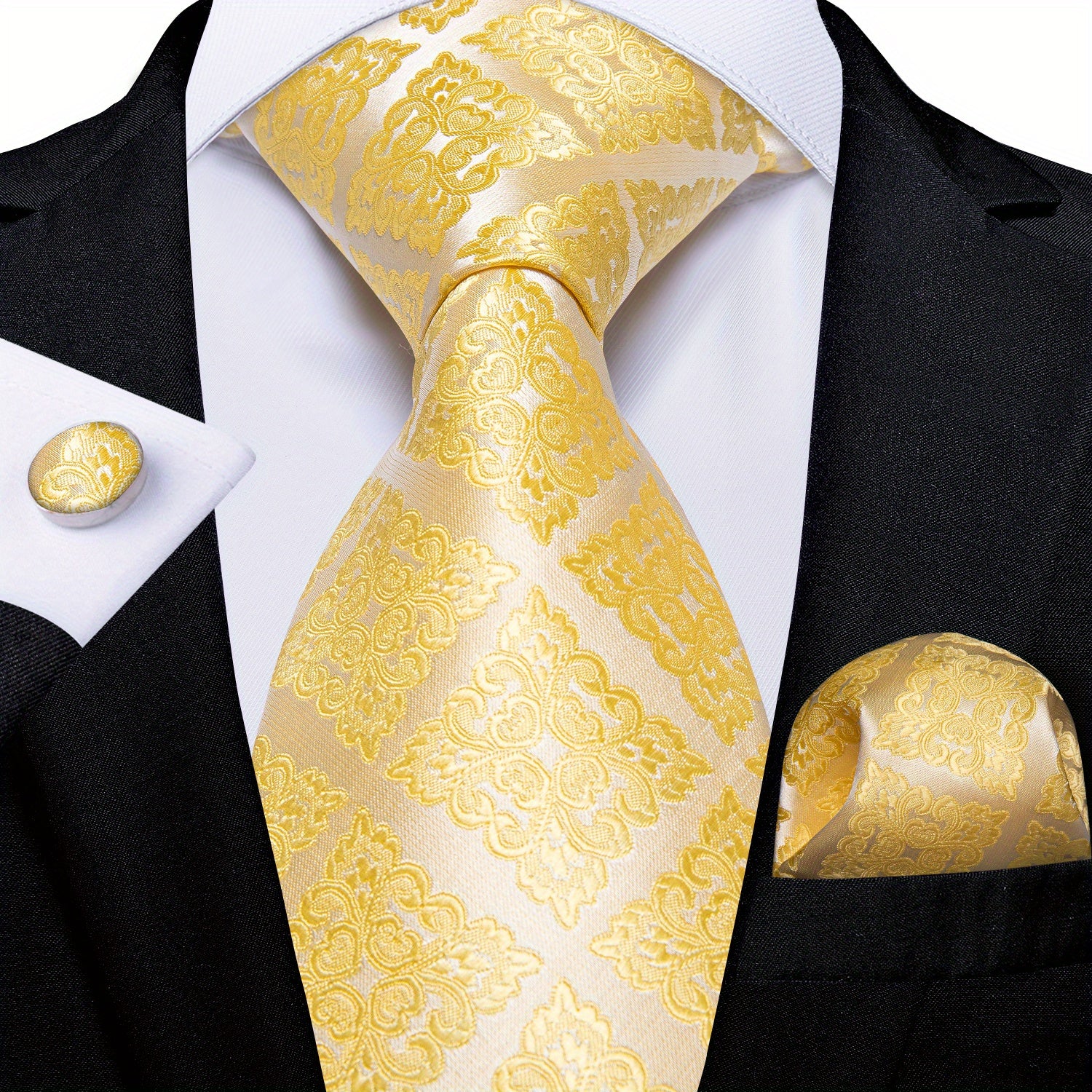 Classic Striped Tie Set Yellow Silk Woven Necktie Hanky Cufflinks