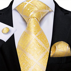 Classic Striped Tie Set Yellow Silk Woven Necktie Hanky Cufflinks