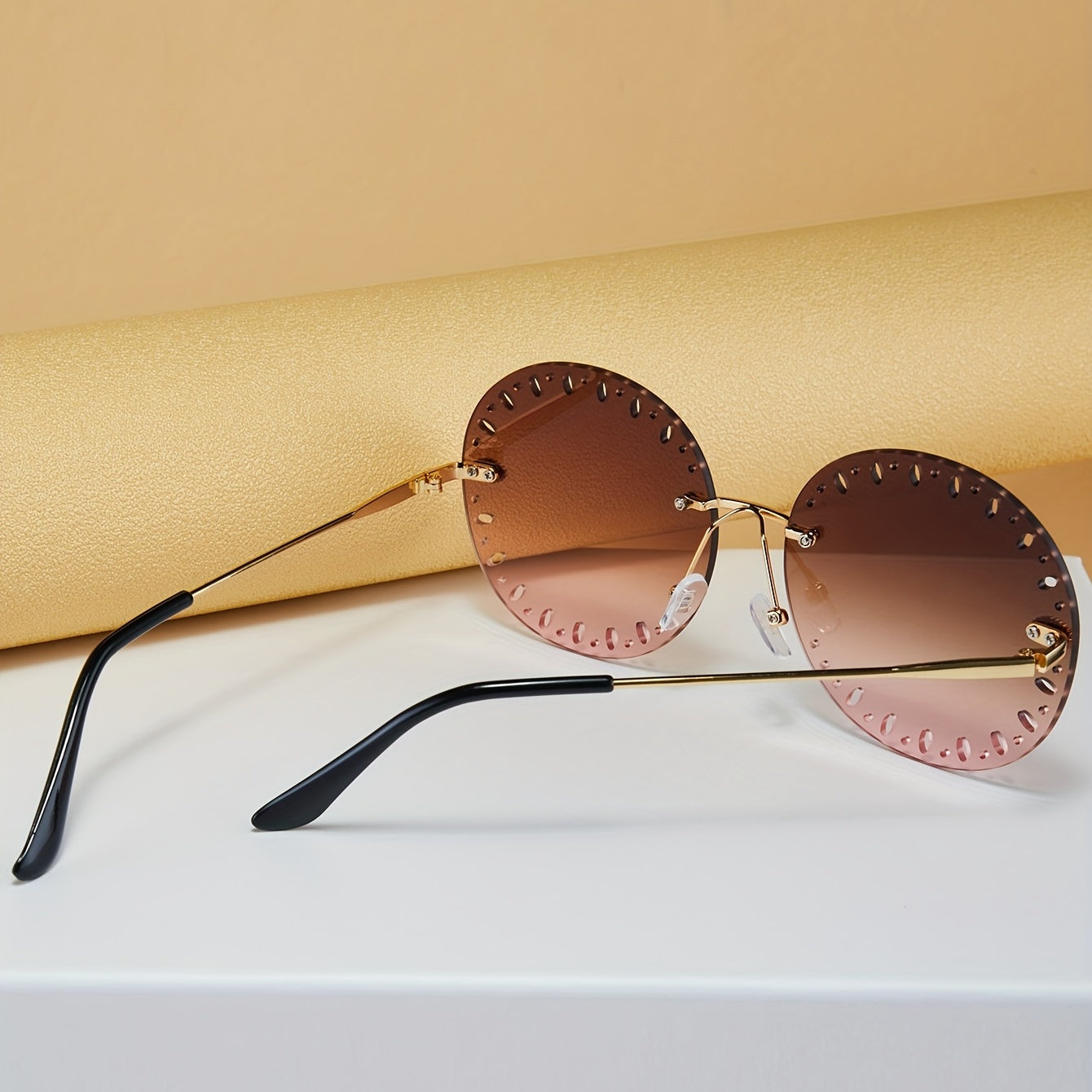 Rimless Round Sunglasses Ombre Lens Hollow Glasses