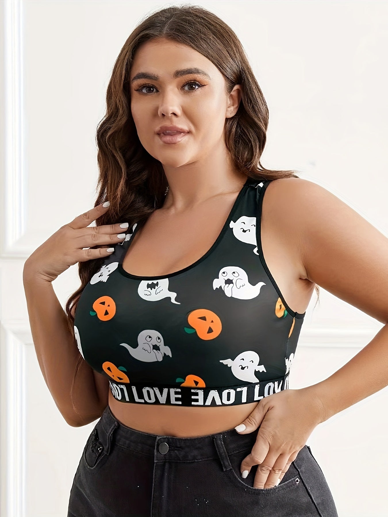 Halloween Sports Bra Womens Plus Pumpkin & Ghost Print Bralette