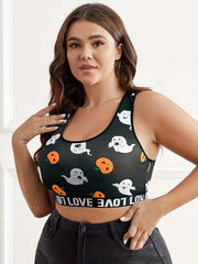 Halloween Sports Bra Womens Plus Pumpkin & Ghost Print Bralette