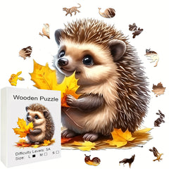 Hedgehog & Maple Leaves Wooden Puzzle Unique Shape