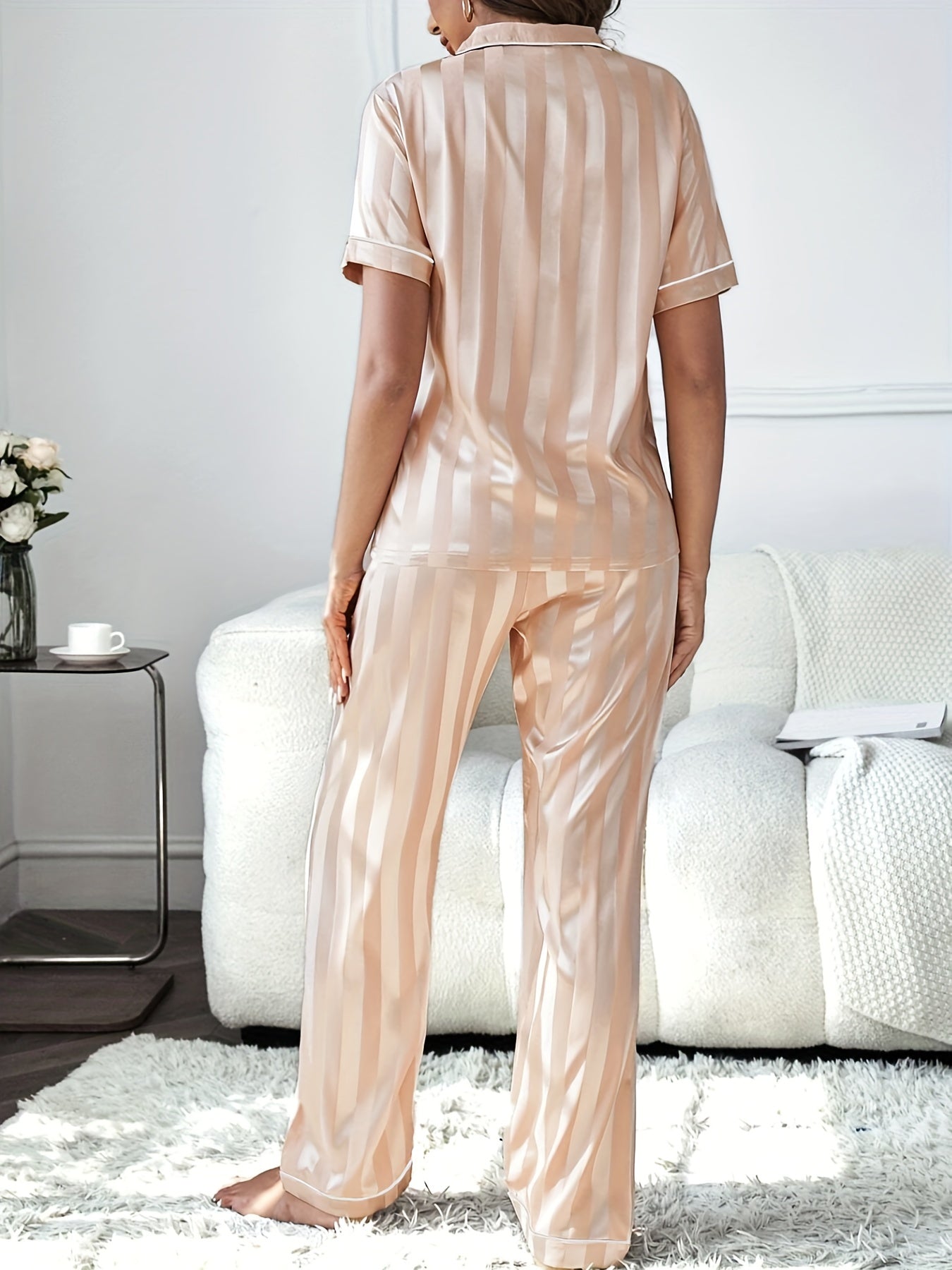 Satin Pajama Set Short Sleeve Top & Pants