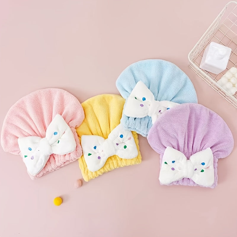 Kids Shower Cap Bow Dry Hair Coral Fleece Towel Cap