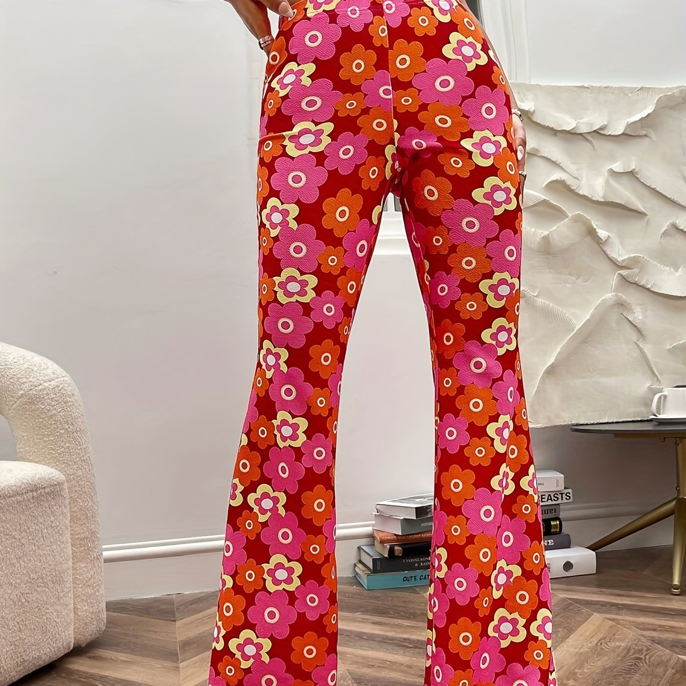 Floral Print High Waist Flare Leg Pants Elastic Waist Pants