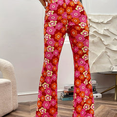 Floral Print High Waist Flare Leg Pants Elastic Waist Pants
