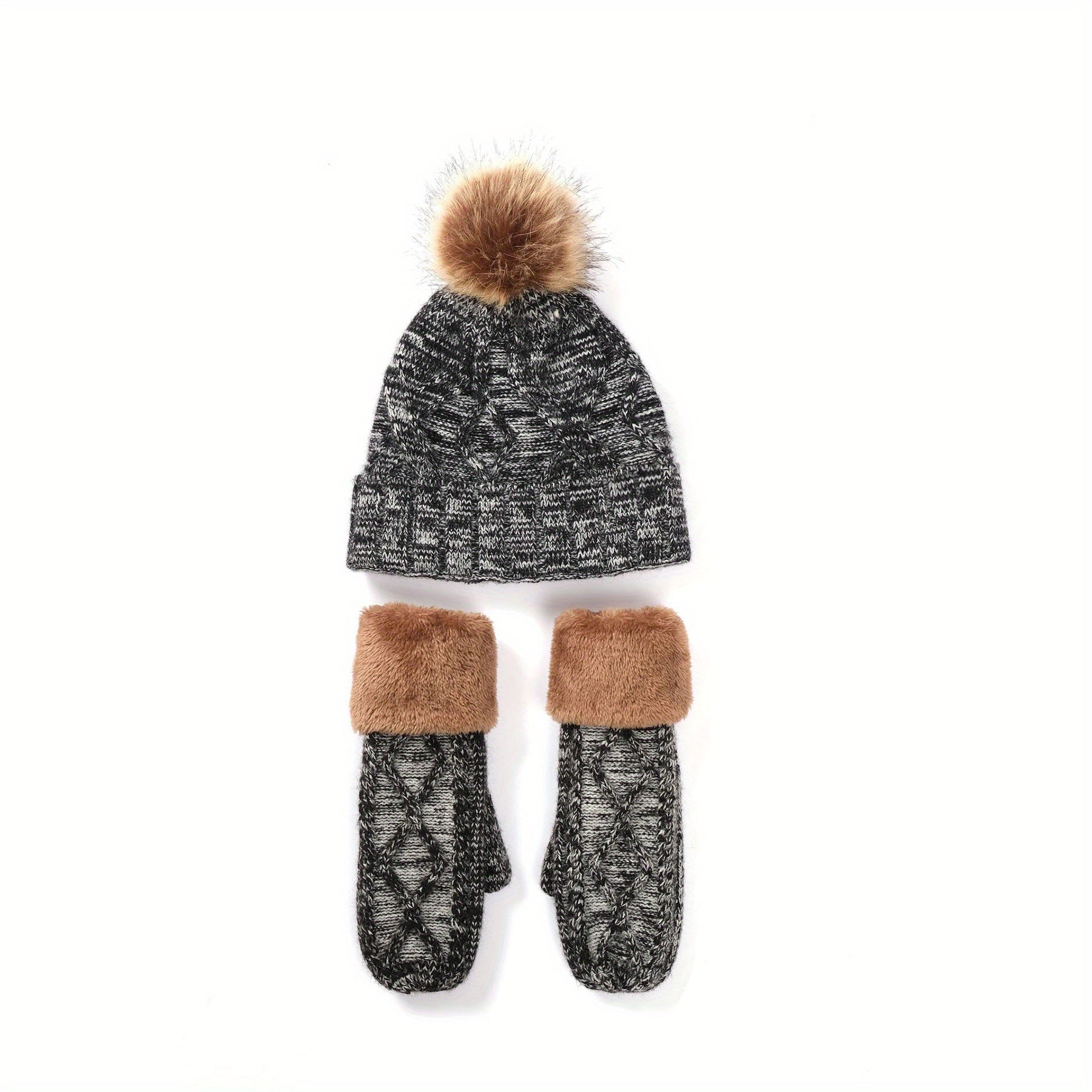 3pcs Ribbed Beanie Scarf Gloves Set Knit Pom Pom Decor Elastic Coldproof