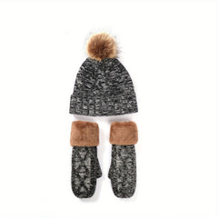 3pcs Ribbed Beanie Scarf Gloves Set Knit Pom Pom Decor Elastic Coldproof