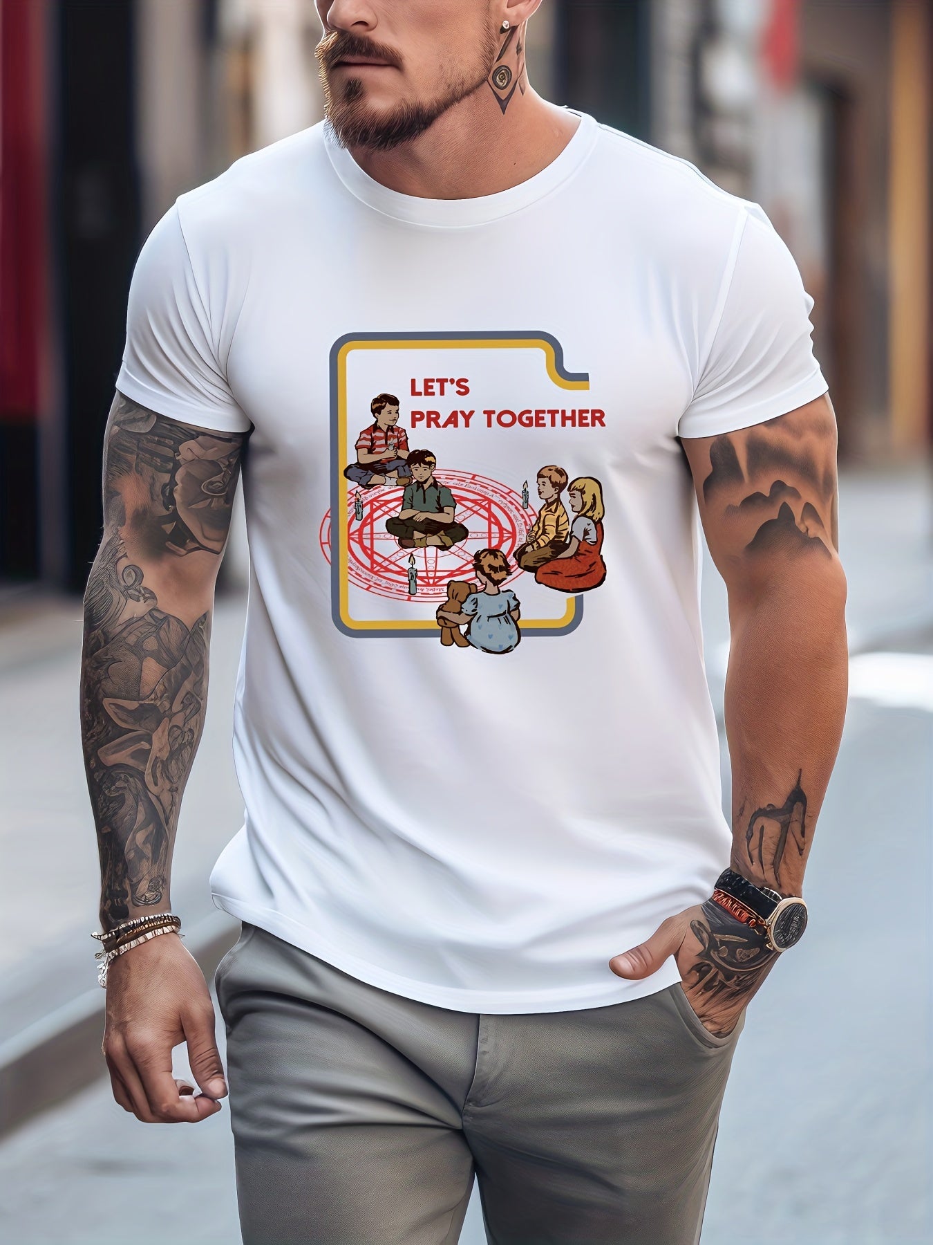 Men's Printed Leisure Sports T shirt Casual Stretch Round Neck Tee Shirt