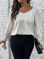 Contrast Lace Sleeve V Neck Blouse