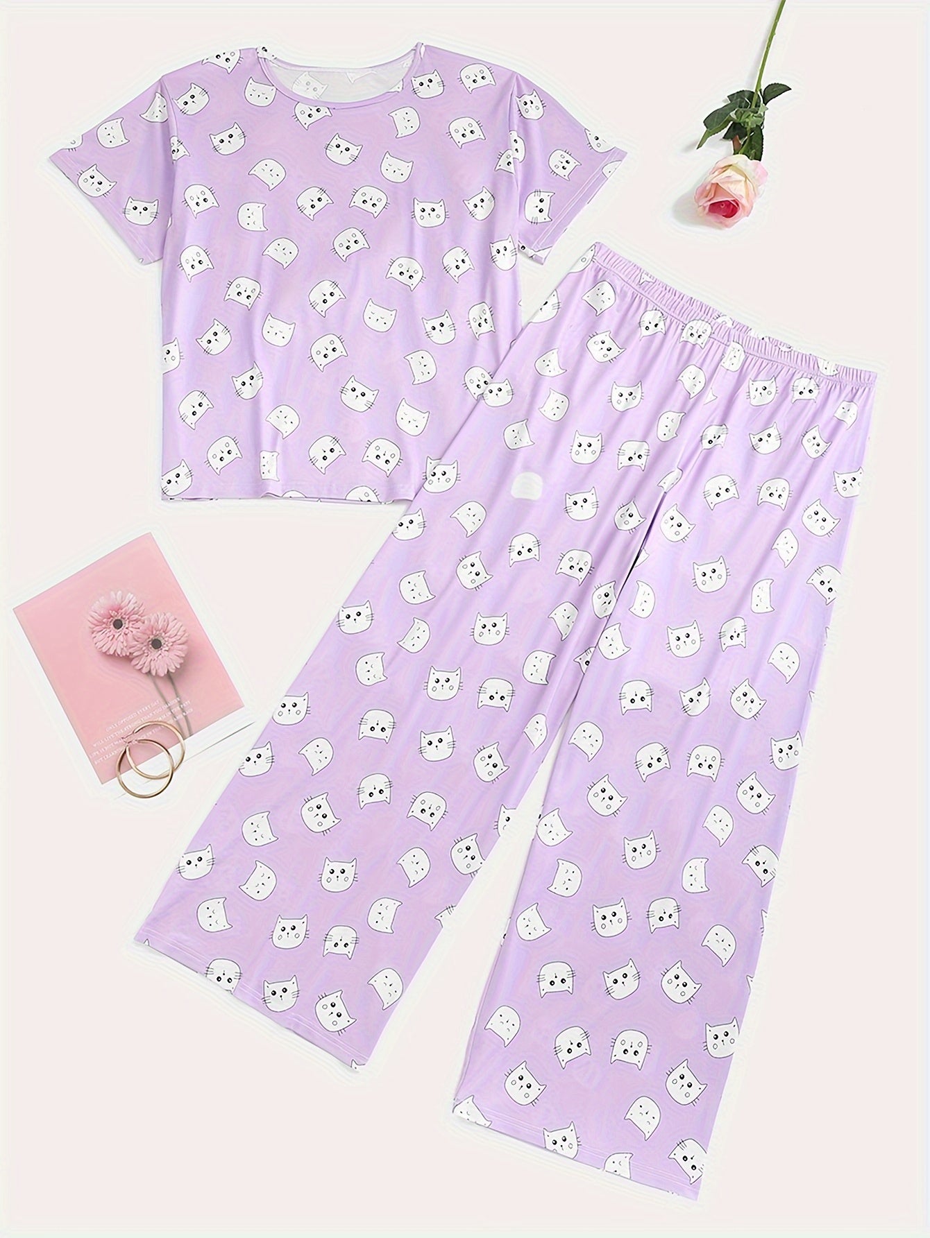 Cat Print Pajama Set Round Neck Top & Pants