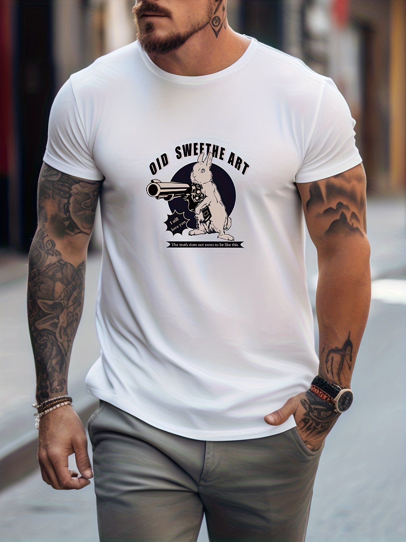 Anime Rabbit Print Men's Graphic Crew Neck T shirt Casual Comfy Tees Tshirts