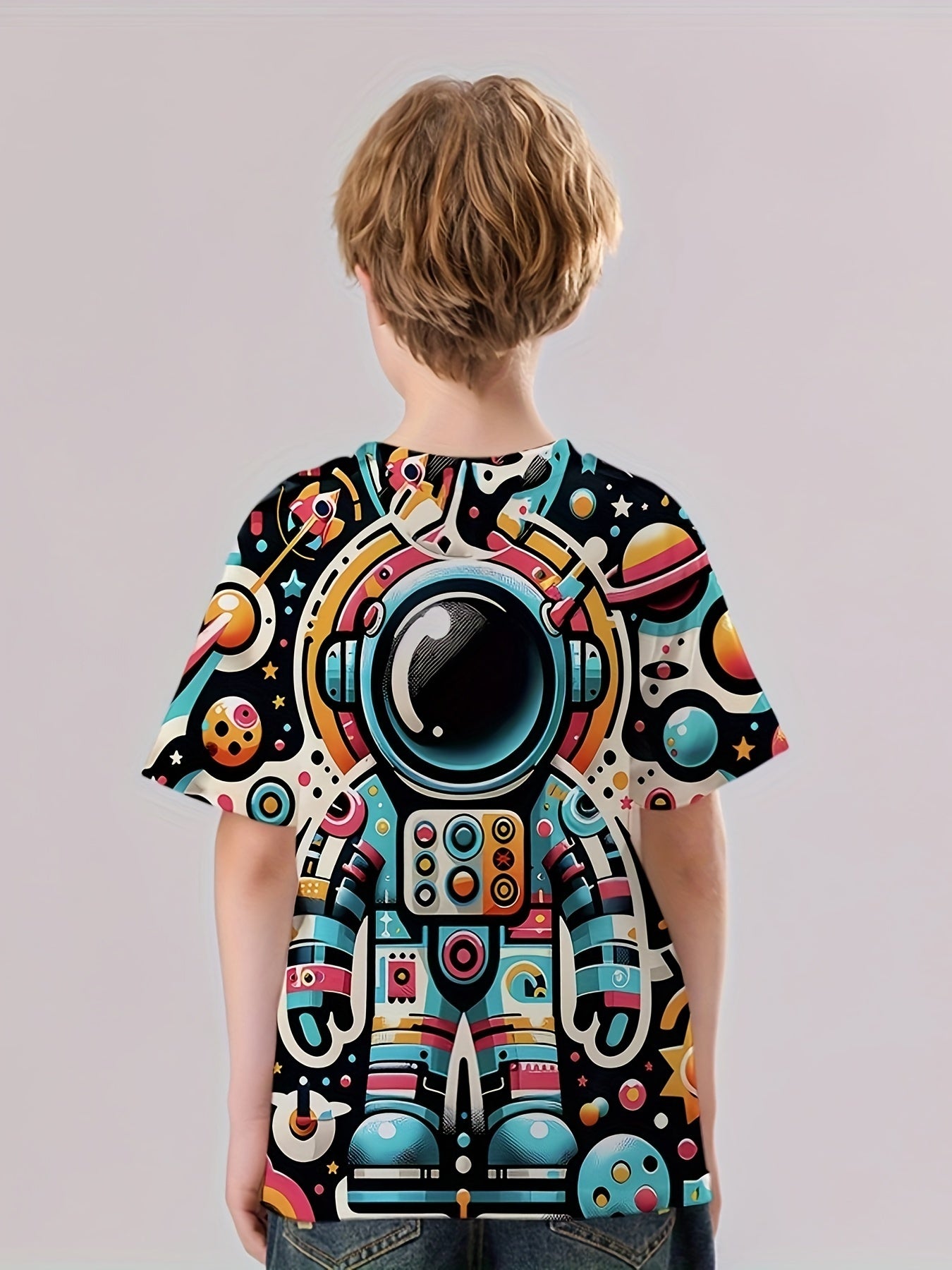 Cartoon Astronaut Print Boy's Tee Short Sleeve Crew Neck Comfy T shirt