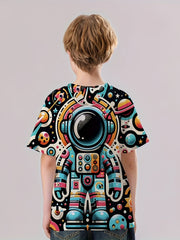 Cartoon Astronaut Print Boy's Tee Short Sleeve Crew Neck Comfy T shirt