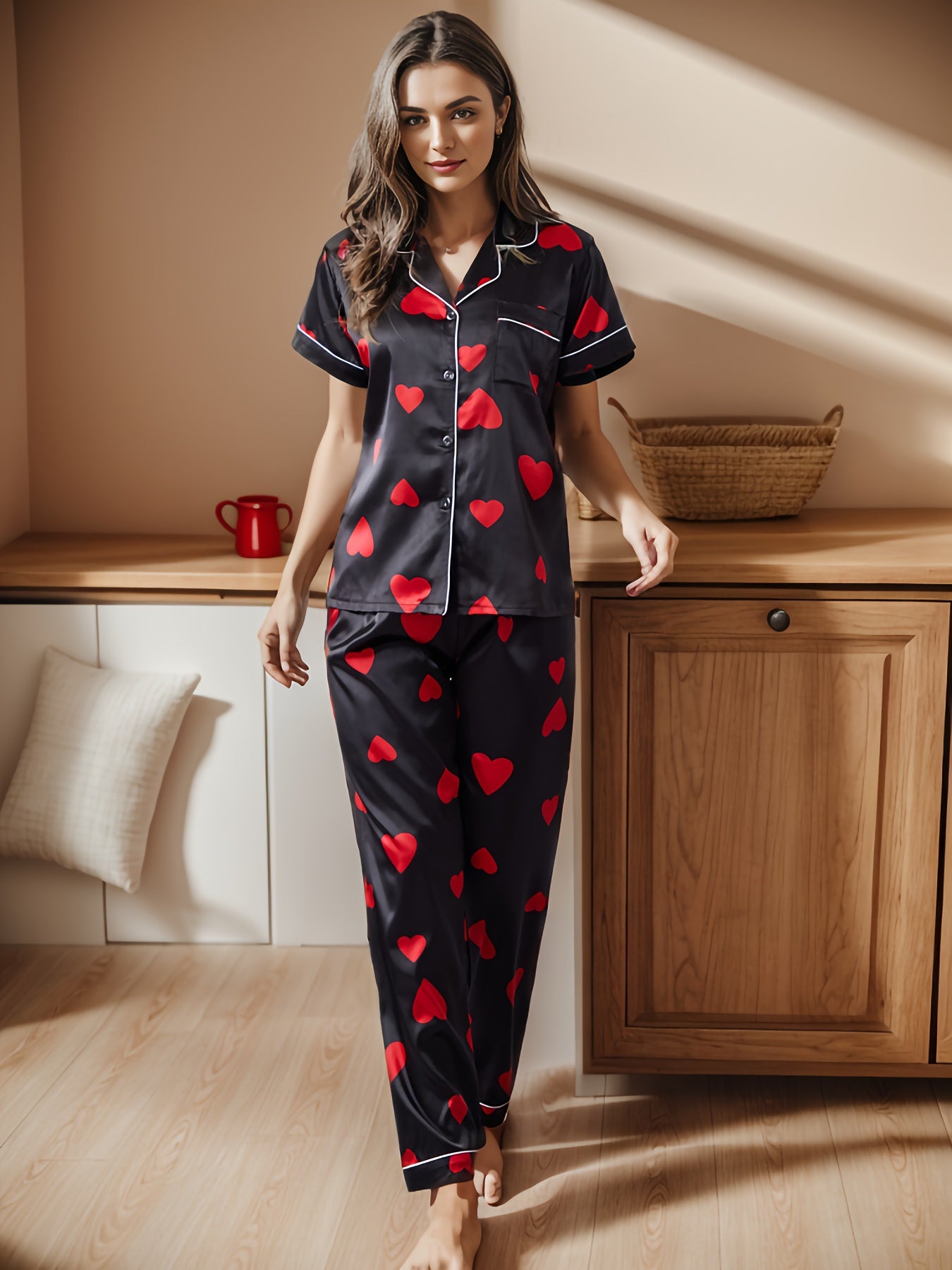 Heart Print Pajama Set Short Sleeve Top & Pants Women's Sleepwear