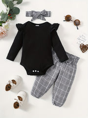 Baby Girls Long Sleeve Romper Top Plaid Trousers Set