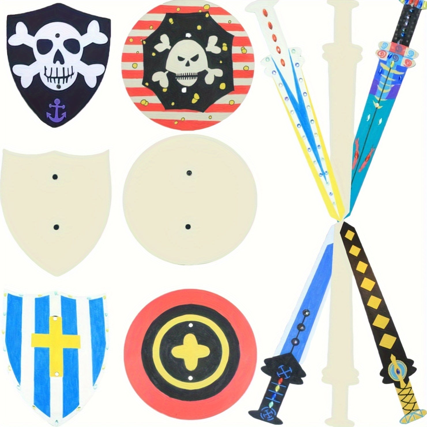 12pcs Unfinished Wooden Sword Set DIY Painting Wood Slice Pirate Swords