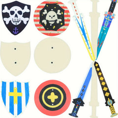 12pcs Unfinished Wooden Sword Set DIY Painting Wood Slice Pirate Swords