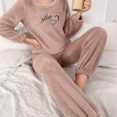 Letter Pattern Fuzzy Pajama Set Long Sleeve Crew Neck Top & Elastic Waistband