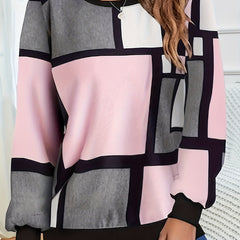 Geo Print Block Crew Neck Pullover Sweatshirt for Women