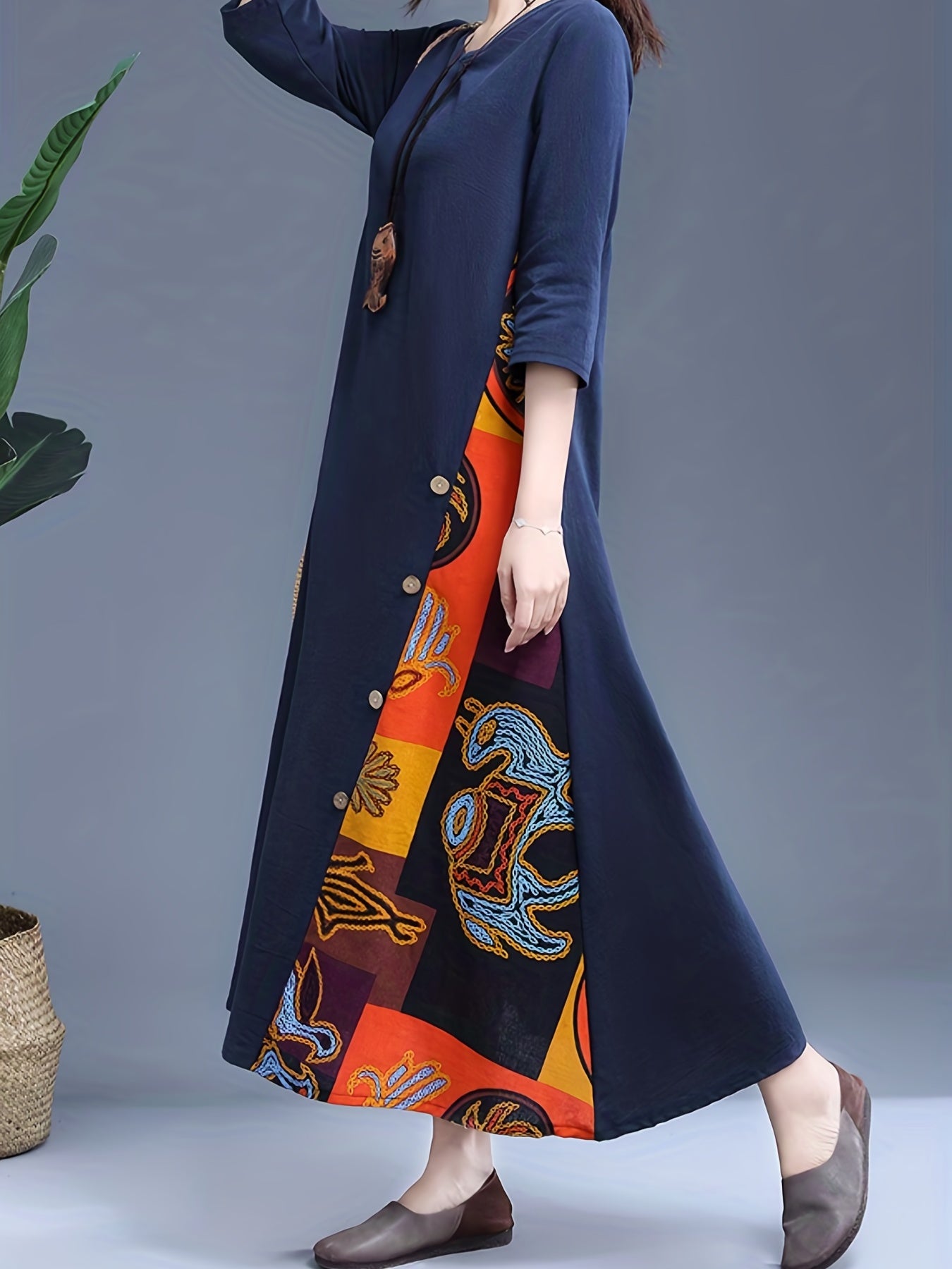 Ethnic Print Boho Maxi Dress 3/4 Sleeve Crew Neck Women's Clothing