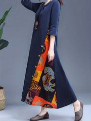 Ethnic Print Boho Maxi Dress 3/4 Sleeve Crew Neck Women's Clothing
