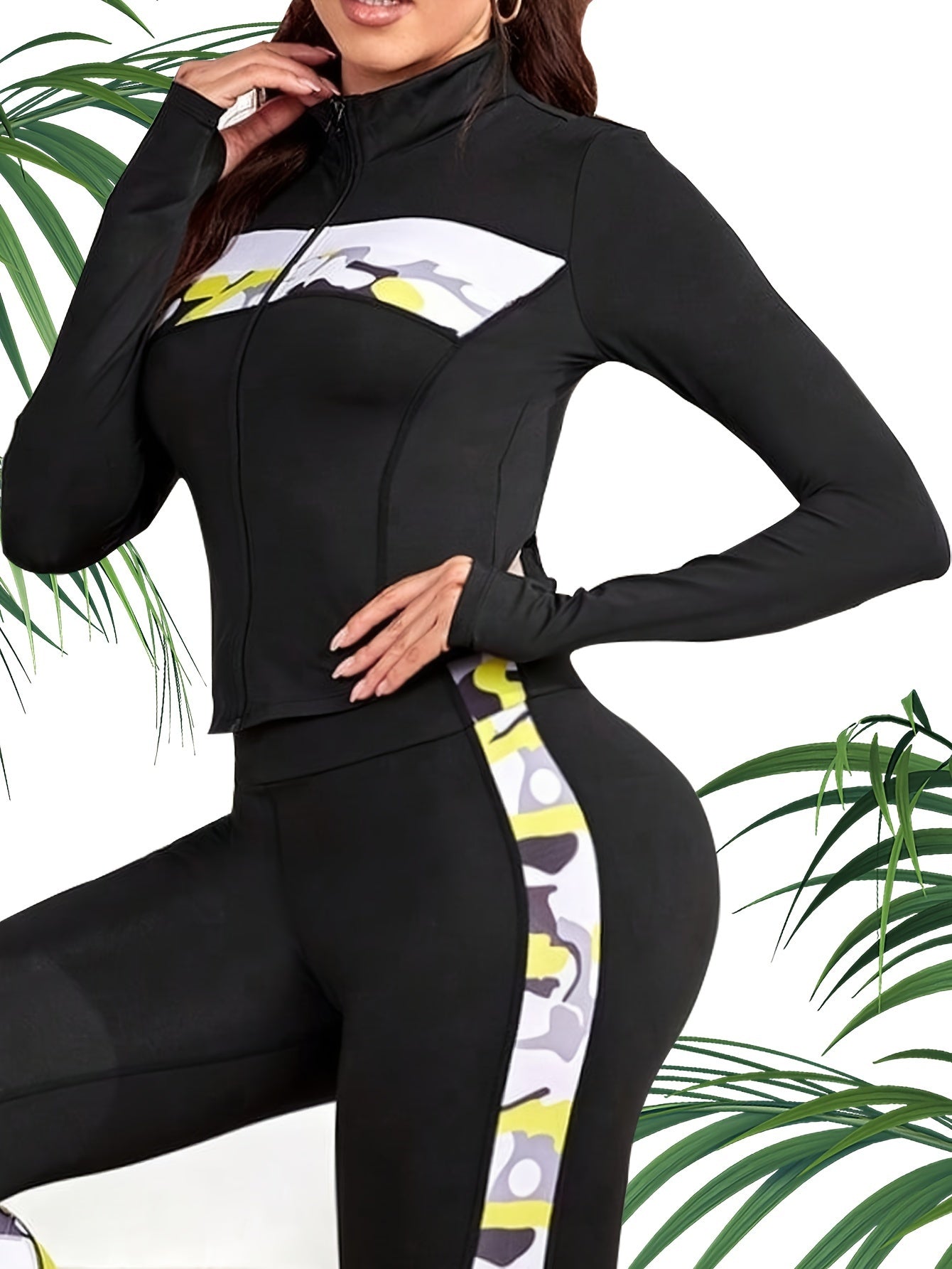 Block Zipper Slim Fit Yoga Jacket Long Sleeves Thumb Hole Sports Zipper Top
