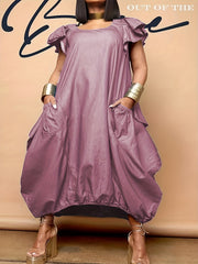 Plus Denim Print Butterfly Sleeve Round Neck Maxi Dress