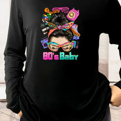 Women's Plus Letter & Figure Print Long Sleeve Pajama Top