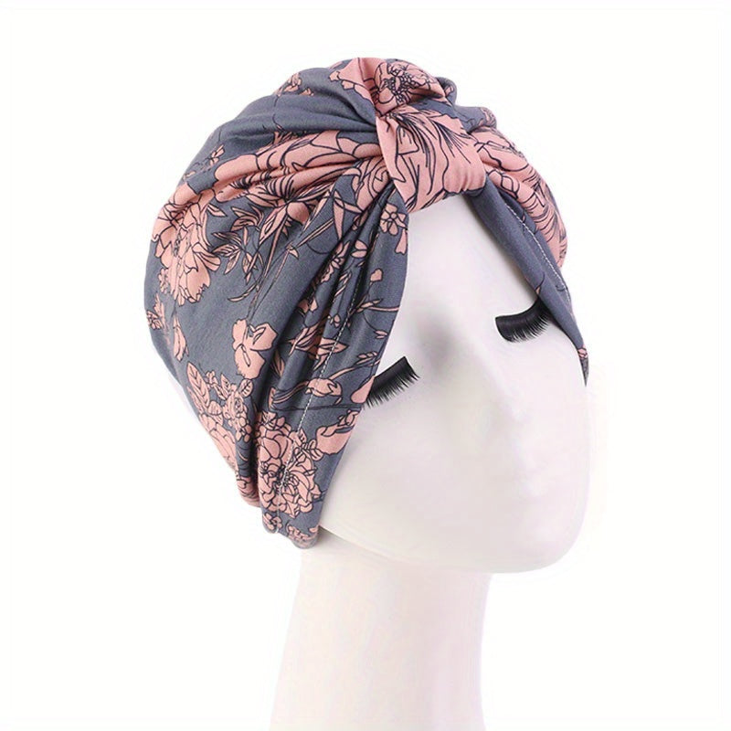 Pleated Boho Turban Cap Leopard Print Beanie Flower Elastic Skull