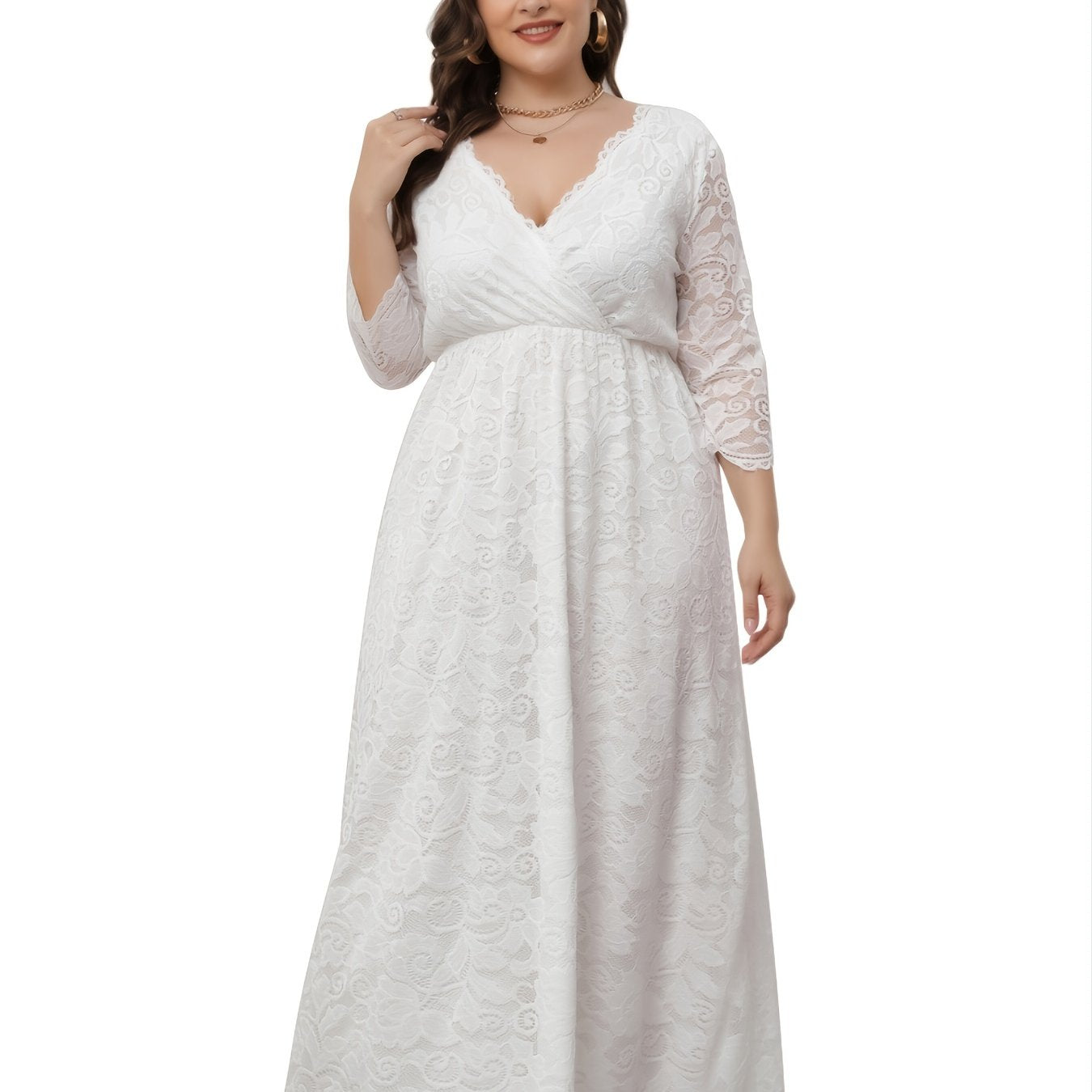 Lace Deep V Neck 3/4 Sleeve Wedding Maxi Dress