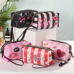 Heart & Striped Makeup Bag Lip Graphic Cosmetic Pouch Travel Toiletry Storage