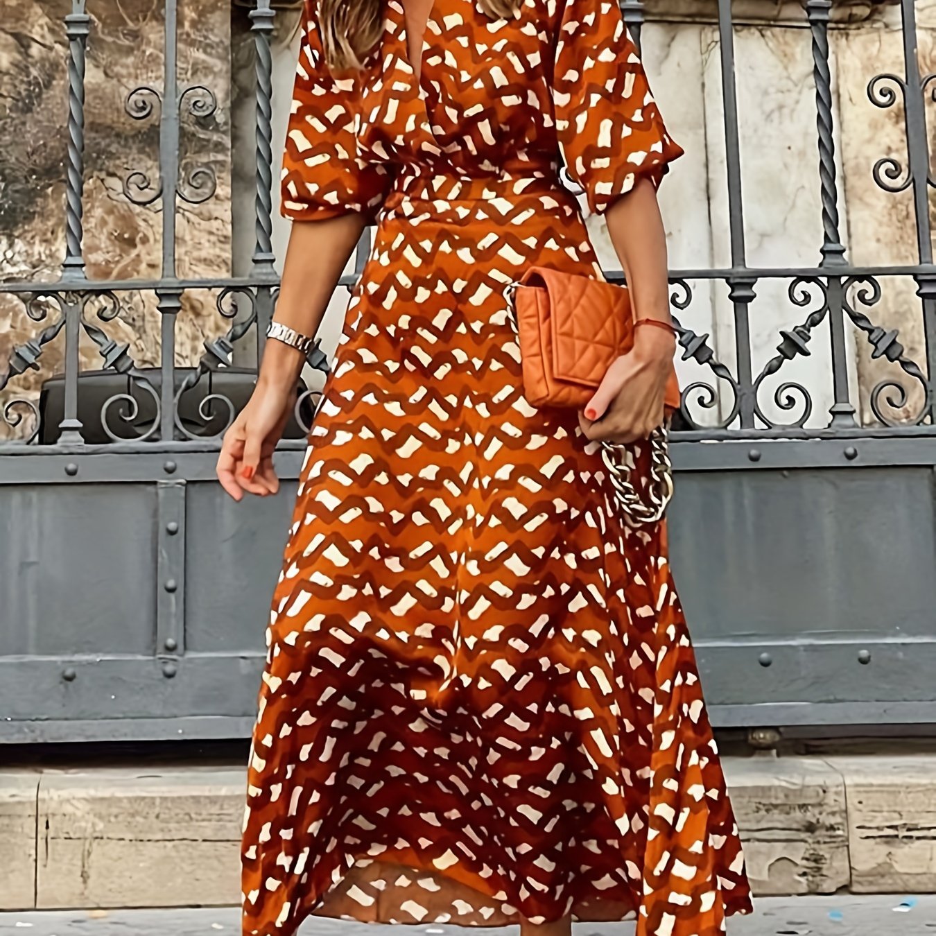 Plus Stripe Print V-Neck Maxi Dress