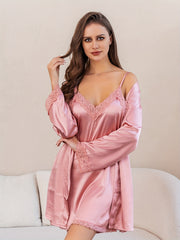 Lace Stitching Lounge Set Long Sleeve Robe & Slip Dress